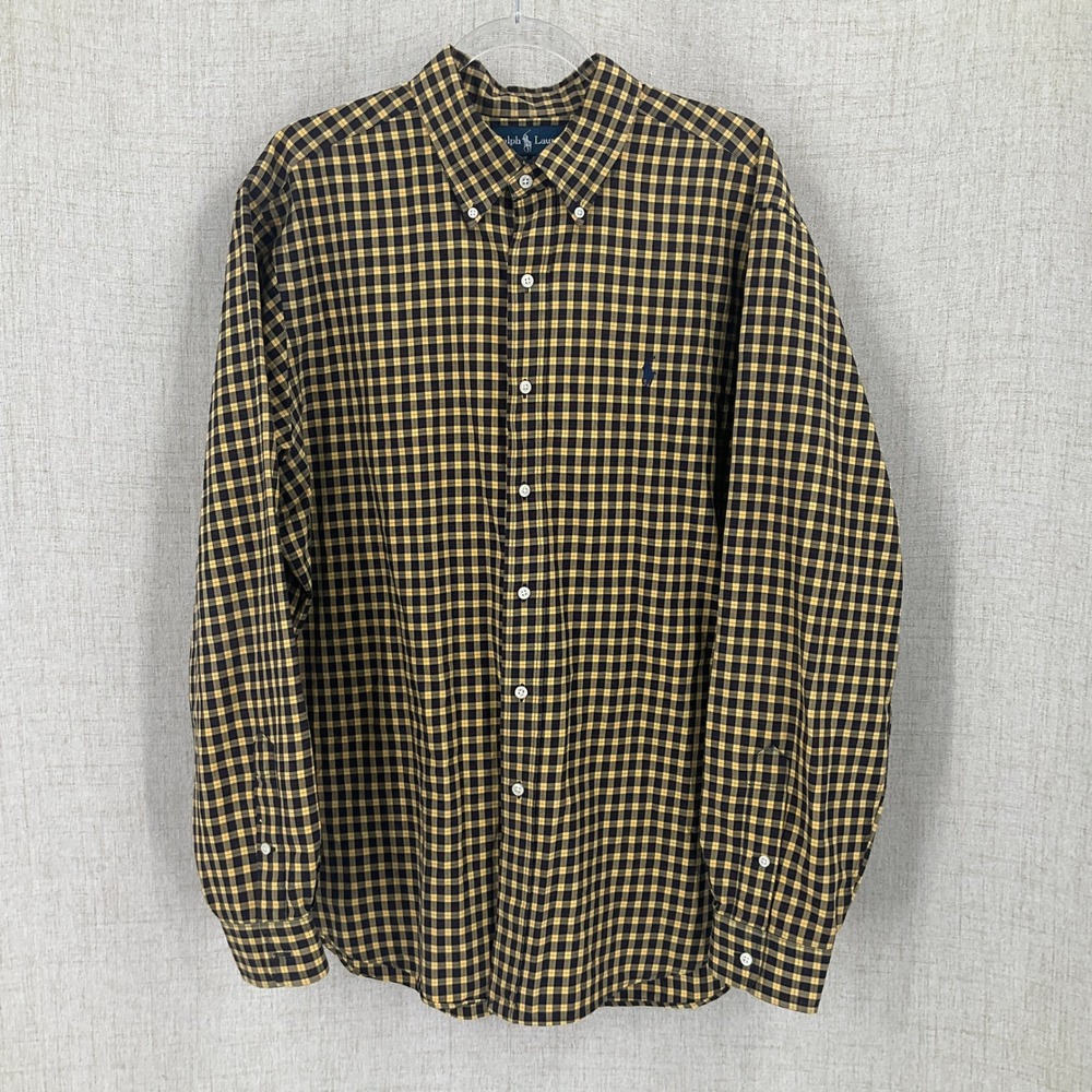 Ralph Lauren Button Down Mens XL Yellow Navy Plaid Classic Fit Cotton Preppy